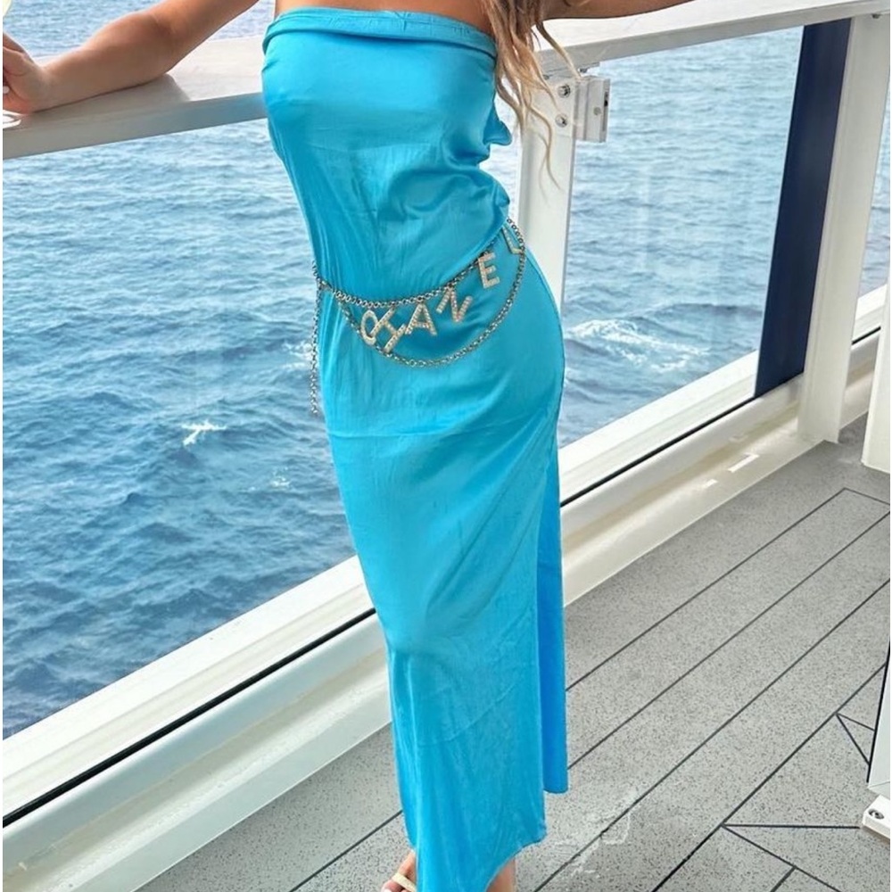Blue strapless satin dress